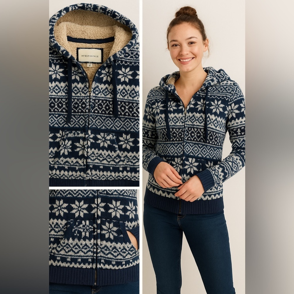 Aéropostale Sherpa Lined Fair Isle Zip Hoodie Jacket – Size M - Picture 15 of 15